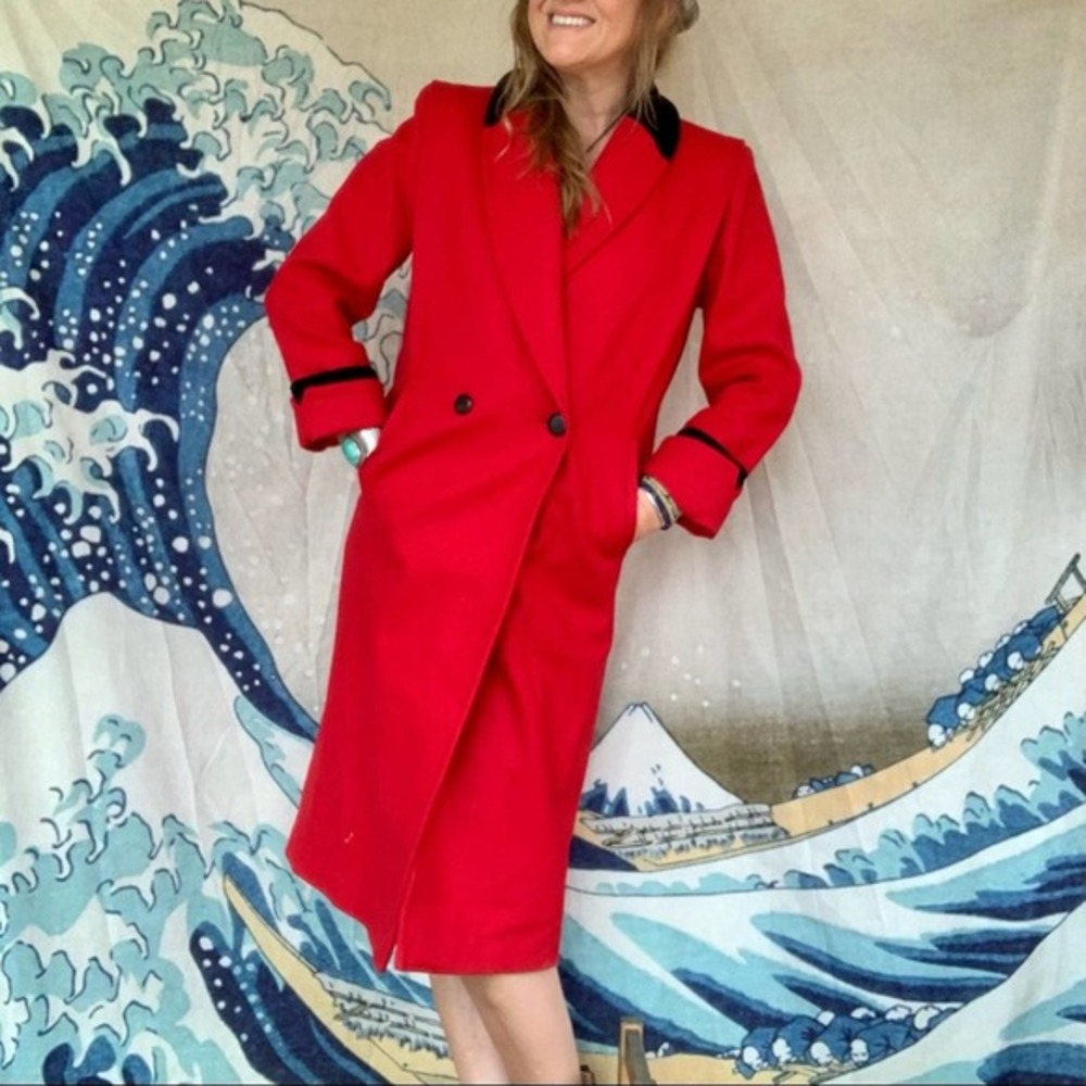 Vintage red 💯wool long overcoat/velvet collar 6